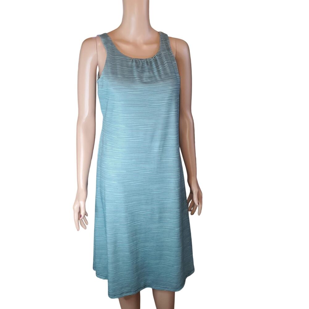 prAna Skypath Dress M Teal Gray Stripe Built In Bra Midi Active Outdooor - Picture 2 of 10